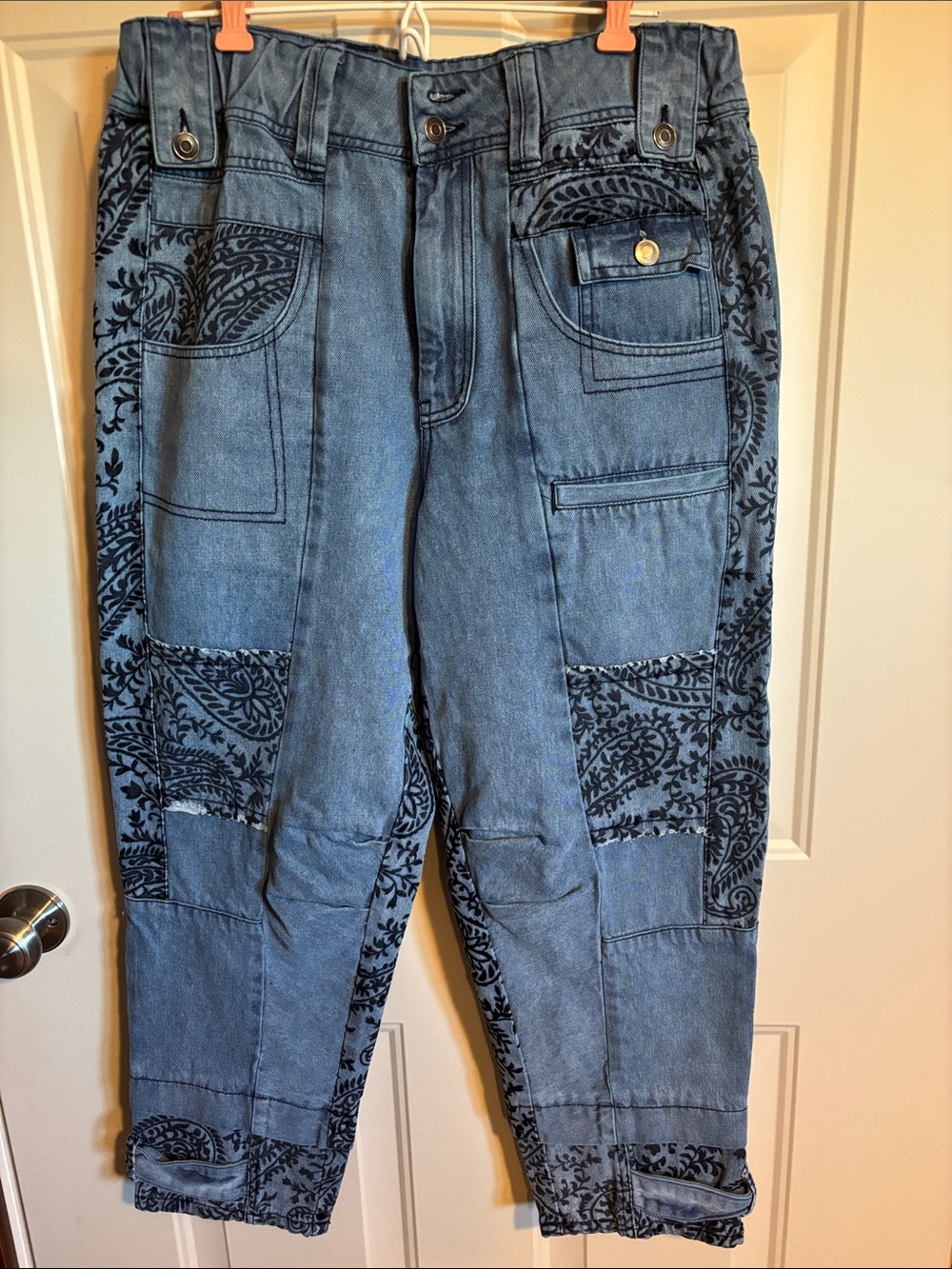Oli & Hali Blue Patchwork Denim Utility Pants with navy Paisley Prints